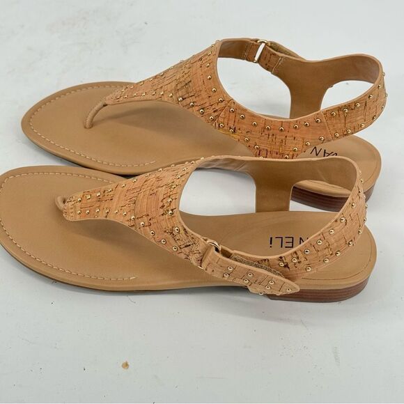 Vaneli Beige Leather with Gold Studded Toe br Post Thong Adjustable Sandal - Picture 2 of 4